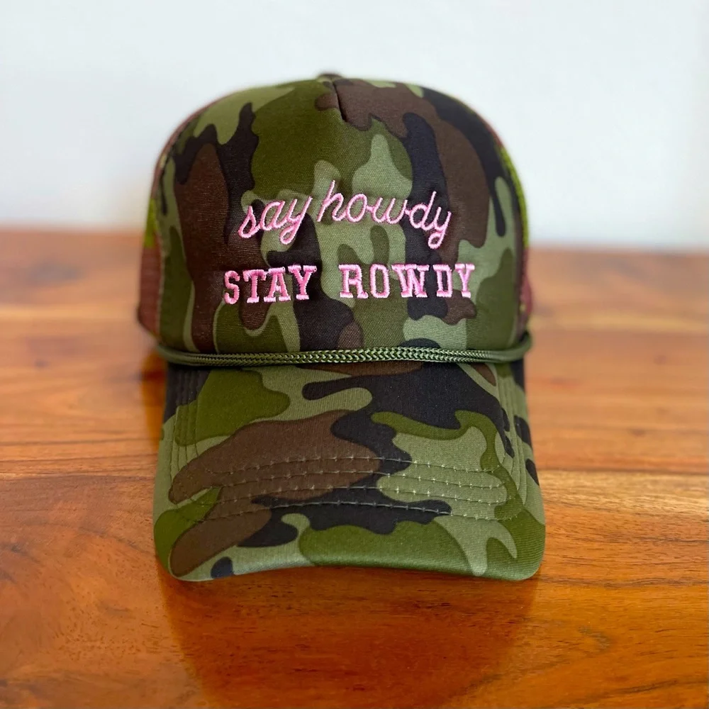 Camo Trucker Hat Embroidered Say Howdy Stay Rowdy Western Coastal Cowboy New